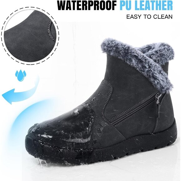 Women's Waterproof Snow Boot Warm Ankle Fur Lined Booties Insulated Shoes Grey - Picture 4 of 6